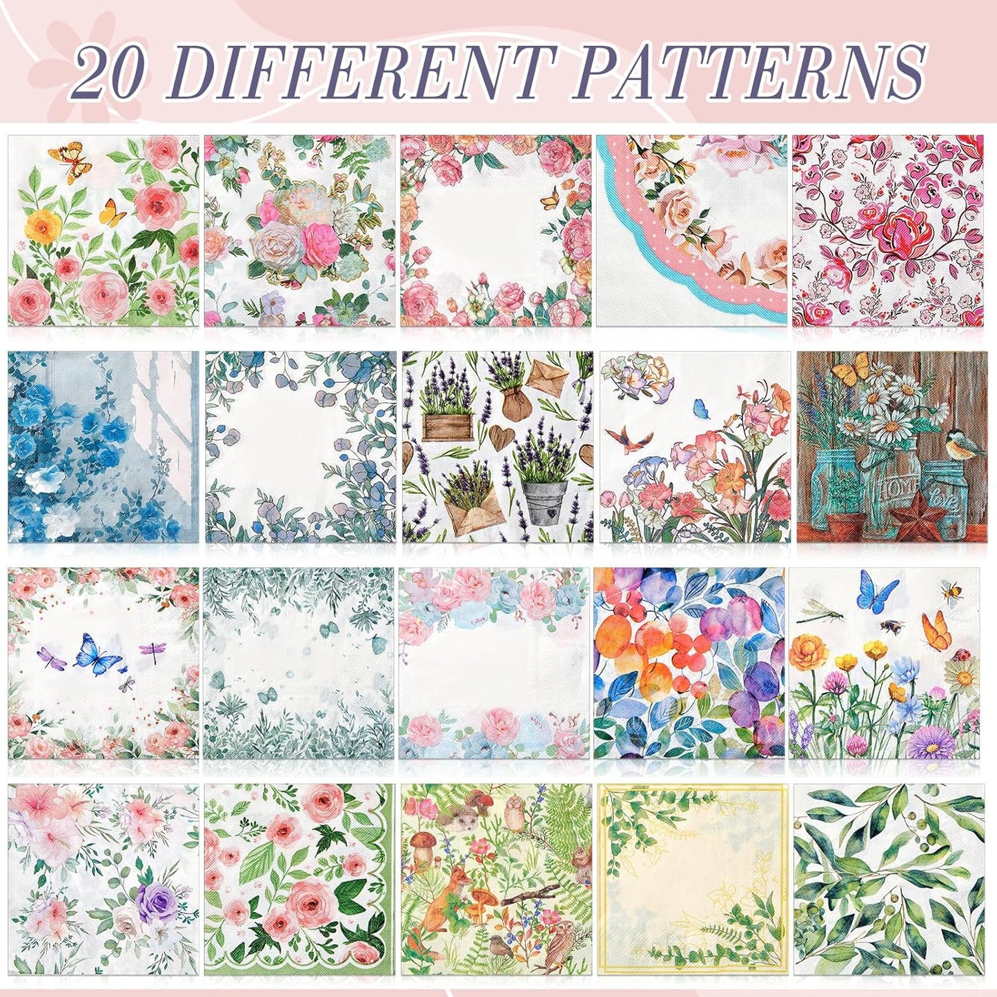 Crtiin 20 Pack Decoupage Napkins Floral Napkins Flower Cocktail Paper Decorative Toilet for Valentine's Day Birthday Party Beautiful Gorgeous, 20 Styles Each 6.5 Inches(Style 1)