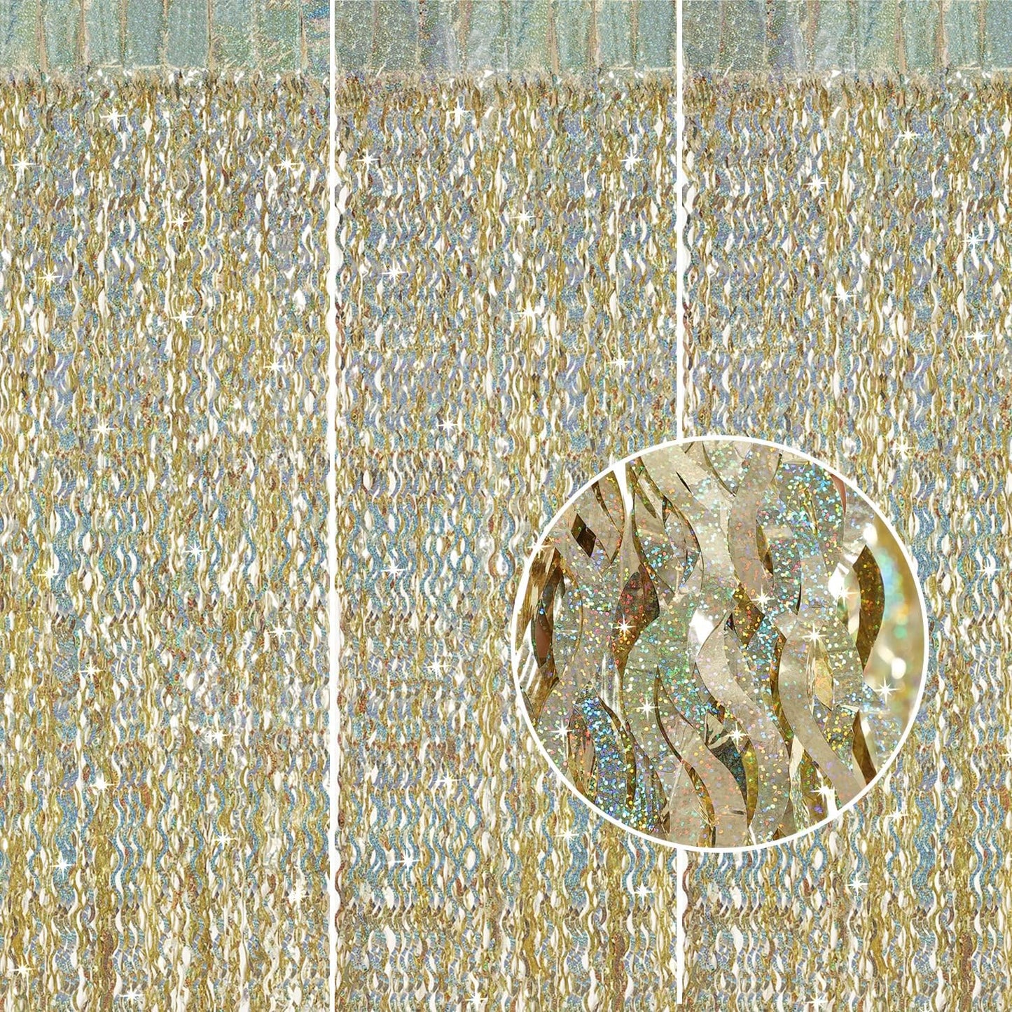 3 Pack Colorful Foil Fringe Curtain Backdrop - 6.6 x 3.3 ft Wavy Rainbow Tinsel Backdrop Curtain Metallic Streamers Iridescent Holiday Photo Booth Party Decorations