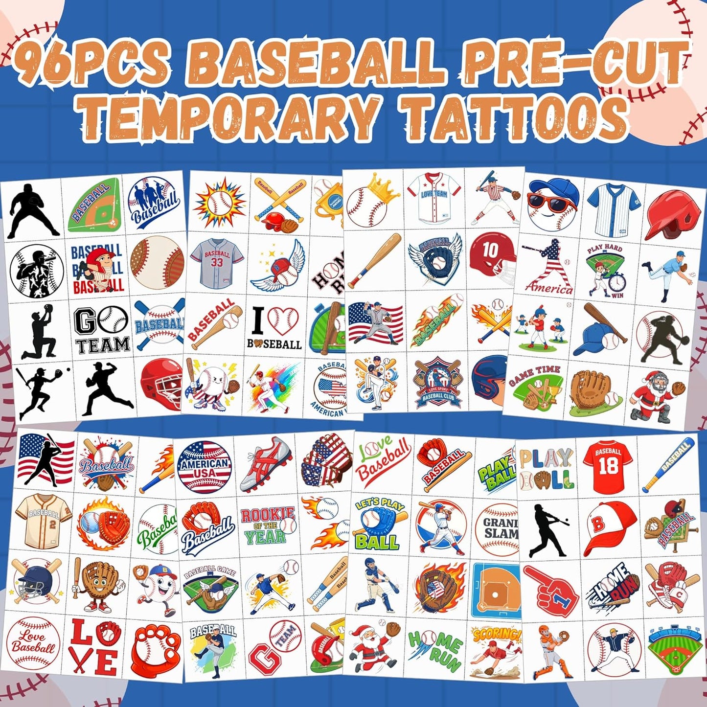 96PCS Baseball Temporary Tattoos Stickers - Baseball Birthday Party Favors Sport Themed Birthday Party Decorations Accessories Supplies Gift Idea For Kids Teens Teamate Adult Classroom Prizes Rewards