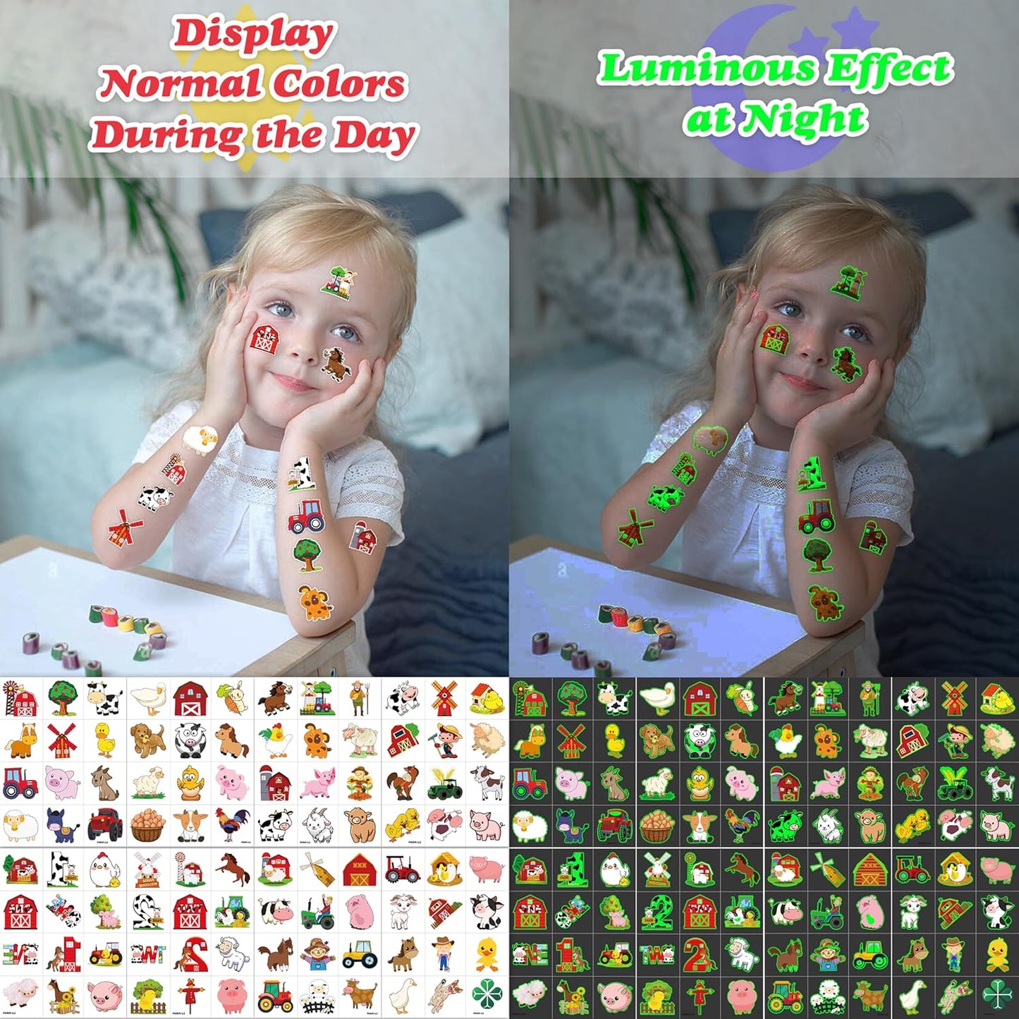 72 PCS Farm Barnyard Animal Pre-Cut Temporary Tattoos Sticker Birthday Decorations Party Supplies Favors Gift Boy Girl Farmhouse Cow Chicken Tattoo School Reward Themed (Normal)