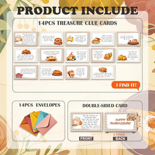 Autumn Treasure Hunt Clue Game, Thanksgiving Games Scavenger Hunt Cards, Indoor Outdoor Pumpkin Party Favors Thanksgiving Party Supplies, 14 Cards with Colorful Envelopes, 02
