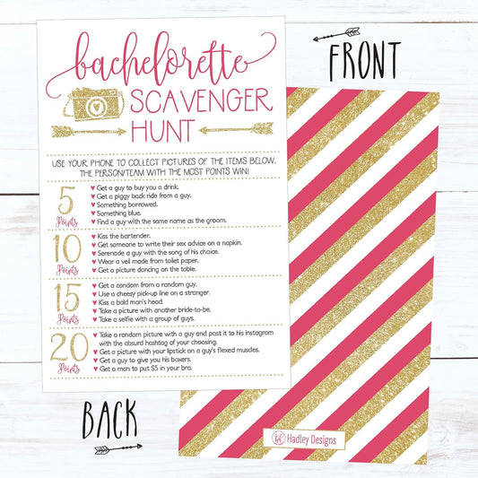 Hadley Designs 25 Bachelorette Scavenger Hunt Party Games, Girls Night Out Weekend Funny Naughty Cards, Drinking and Dares, Fun Novelty Decoration and Supplies Idea for Adult Woman Ladies Parties