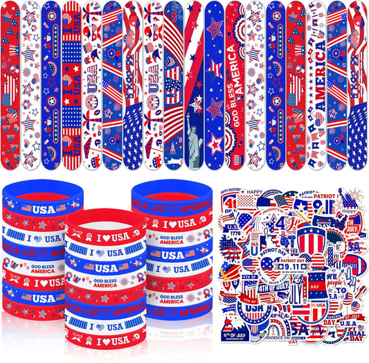 98PCS 4th of July Favors - USA 250 Patriotic Party Favors with Red White and Blue Silicone Bracelets Slap Bracelets Stickers Gift for Veteran USA 250 Patriotic Accessories