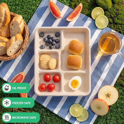 WELLIFE 100% Compostable 5 Compartment Paper Plates, 100 Pack Disposable School Lunch Trays Divided Plates for Adult Youth, 12.5 * 8.6 inch Heavy Duty Eco-Friendly Bagasse Plate for Buffet and Party