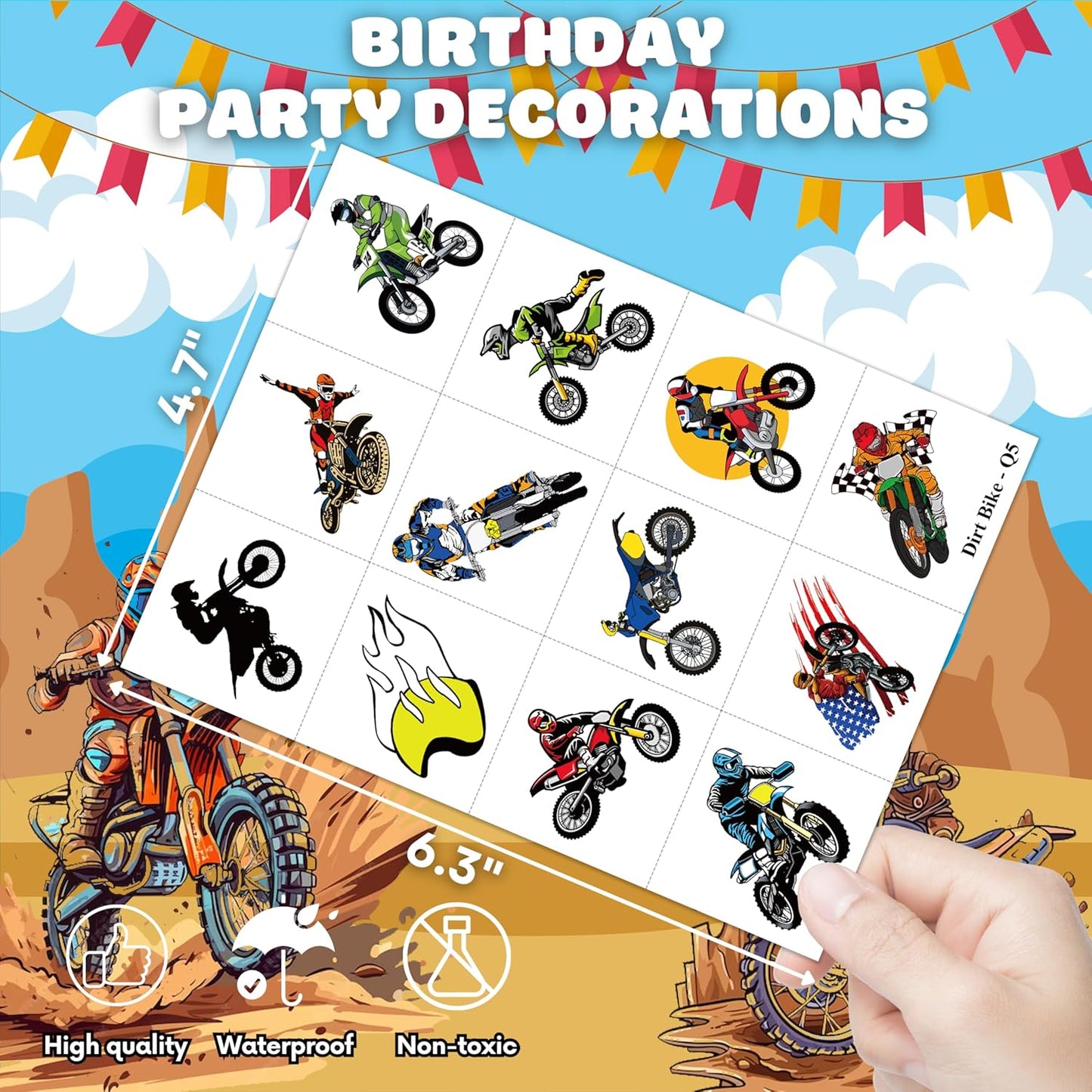 Dirt Bike Temporary Tattoos - 96 PCS (8 Sheets) Fake Tattoo Stickers for Boys & Girls | Motocross Themed Birthday Party Supplies, Favors, Decorations & Rewards