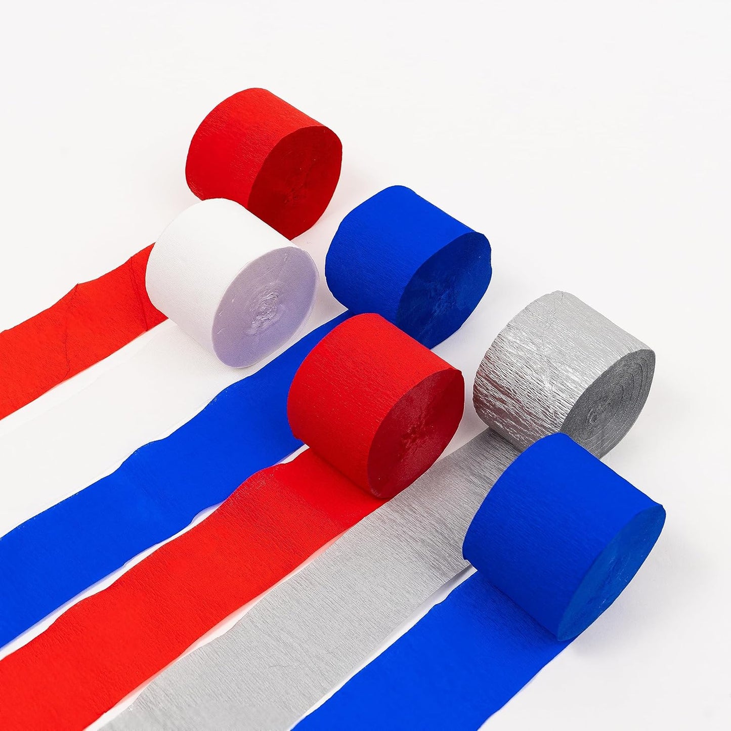 HOUSE OF PARTY Blue Skies Crepe Paper Streamers 6 Crepe Paper Rolls 492ft (1.8 Inch x 82 Ft/Roll) - Pack of 4 Shades of Blue, 1 Silver, 1 White Streamers Party Decorations