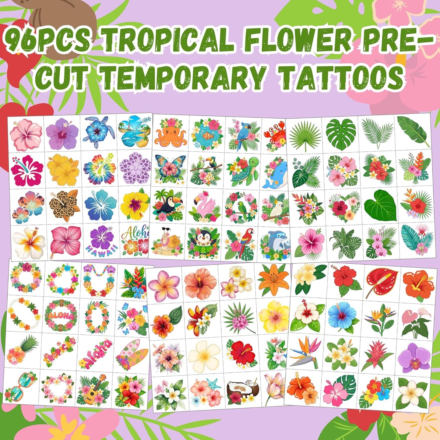 96PCS Tropical Flower Temporary Tattoos Stickers - Summer Hawaii Themed Party Favors Party Decorations Accessories Supplies Hibiscus Plumeria Gift Idea For Kids Teens Adult Classroom Prizes Rewards