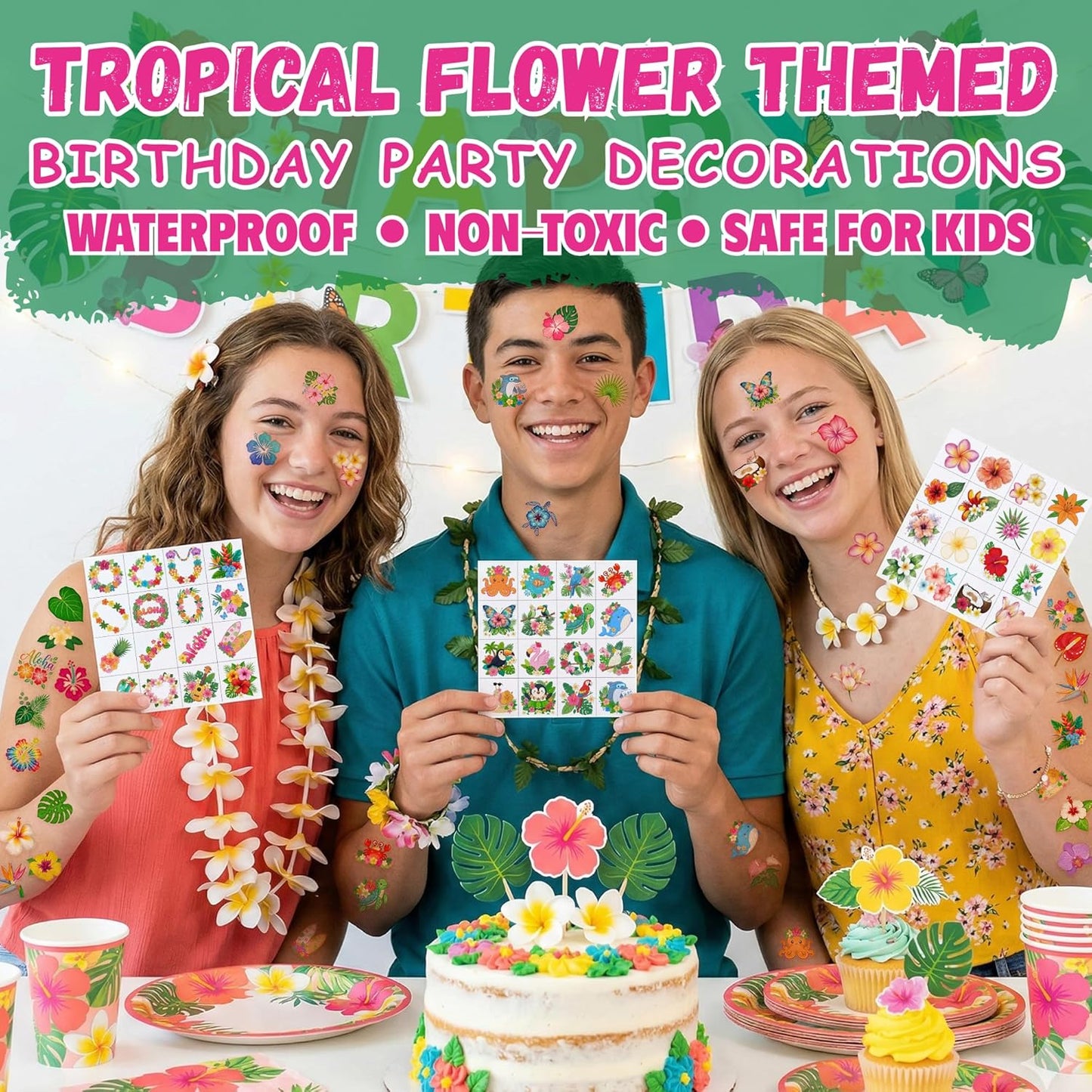 96PCS Tropical Flower Temporary Tattoos Stickers - Summer Hawaii Themed Party Favors Party Decorations Accessories Supplies Hibiscus Plumeria Gift Idea For Kids Teens Adult Classroom Prizes Rewards