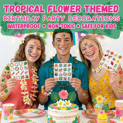 96PCS Tropical Flower Temporary Tattoos Stickers - Summer Hawaii Themed Party Favors Party Decorations Accessories Supplies Hibiscus Plumeria Gift Idea For Kids Teens Adult Classroom Prizes Rewards