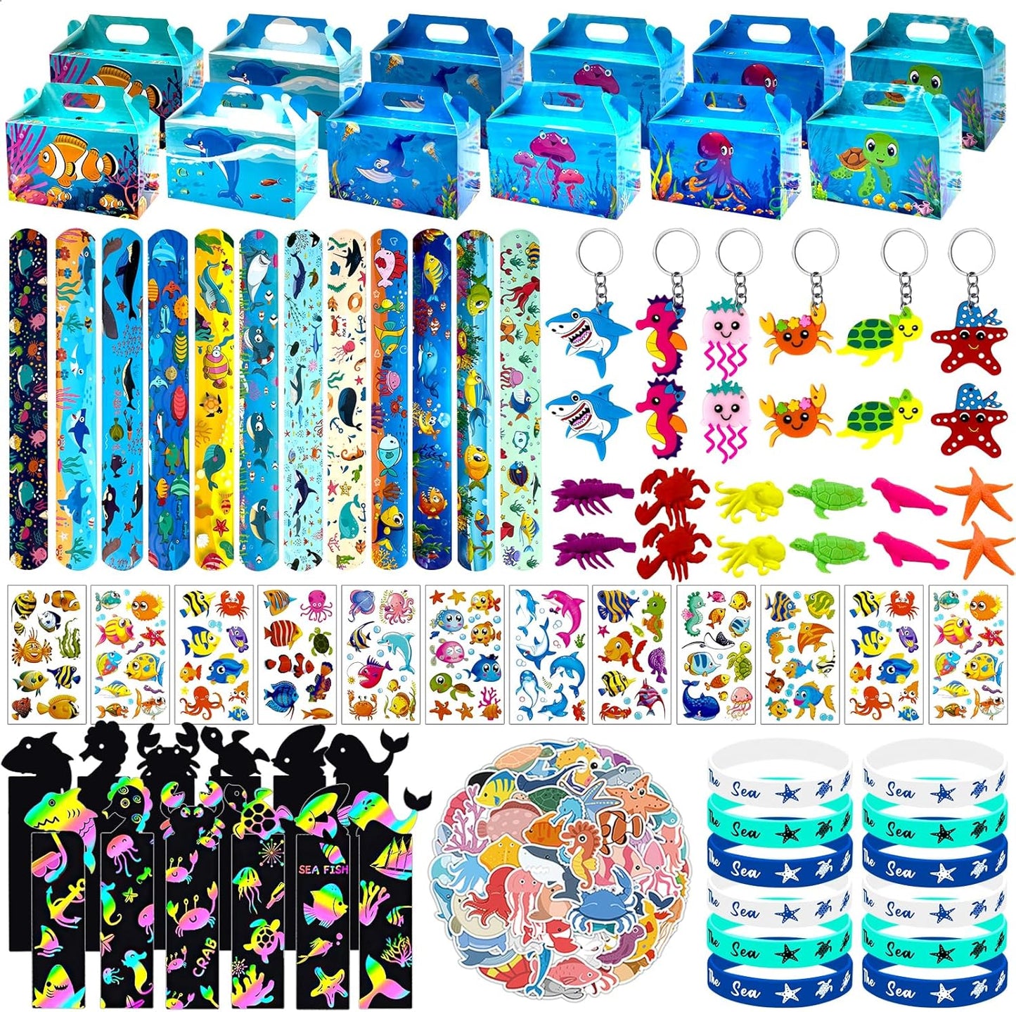 144 Pcs Under the Sea Party Favors Set with Keychains Slap Bracelet Scratch Art Tattoo Stickers Wristbands Treat Boxes Ocean Party Favors Under the Sea Party Decorations