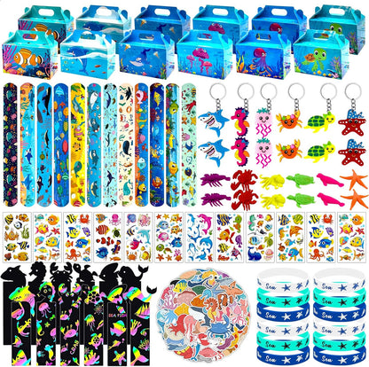 144 Pcs Under the Sea Party Favors Set with Keychains Slap Bracelet Scratch Art Tattoo Stickers Wristbands Treat Boxes Ocean Party Favors Under the Sea Party Decorations