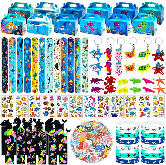 144 Pcs Under the Sea Party Favors Set with Keychains Slap Bracelet Scratch Art Tattoo Stickers Wristbands Treat Boxes Ocean Party Favors Under the Sea Party Decorations