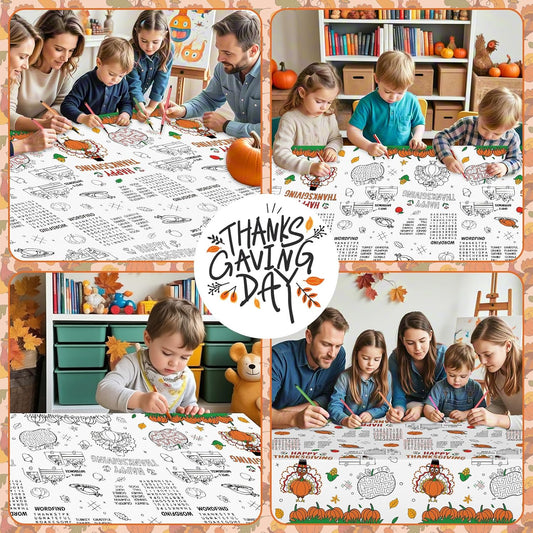 Happy Thanksgiving Coloring Tablecloth for Kids-Giant Thanksgiving Paper Activity Table Cover, Jumbo Fall Turkey Coloring Games Poster Crafts for Thanksgivings Table Decor Party Favors,54 x 108 Inch
