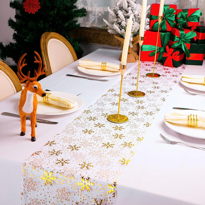 Snowkingdom 2 Pieces Gold Table Runner, Sequin Glitter Foil Metallic Thin Mesh Runner Roll 11"x108", Gold Table Decorations for Event Party, Wedding, Birthday Party, Christmas