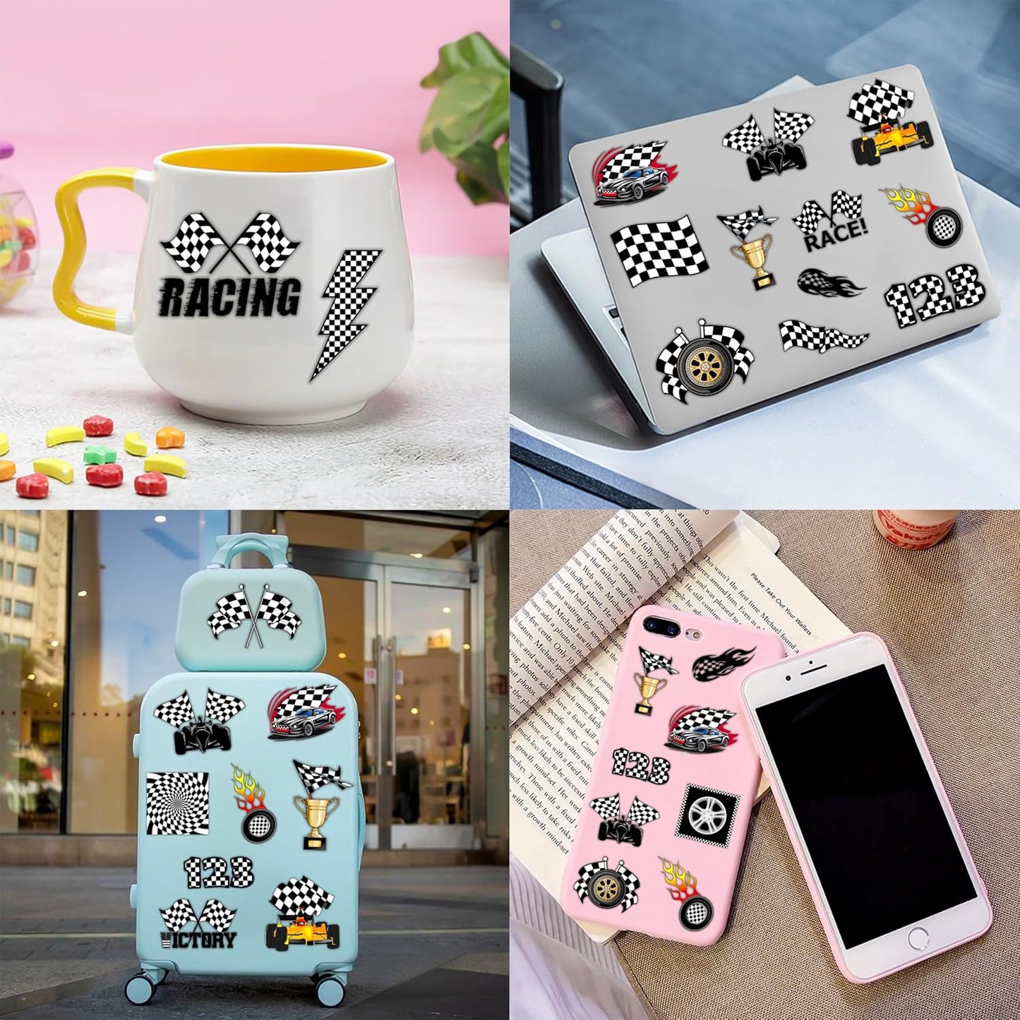 72PCS Checkered Flag Party Set - 48PCS Temporary Tattoos & 24PCS Slap Bracelets - Racing-Themed Birthday Supplies, Baby Shower Gifts, Classroom Rewards & Party Decor