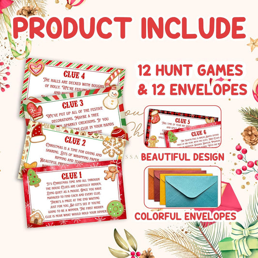 Christmas Party Treasure Clue Hunt Games, Merry Christmas Party Decor Favors, Xmas Scavenger Riddle Hunt Games, Winner Holiday Activities For Friends Family, 12 Cards With Colorful Envelopes,01
