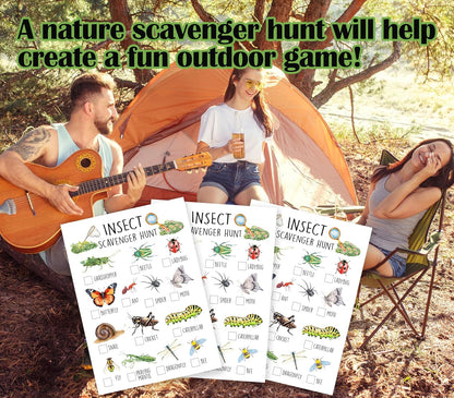 25 Pcs Nature Scavenger Hunt Cards, Outdoor Insect Scavenger Hunts, Camping Scavenger Hunt Game Set, Outdoor Travel Seek Activity, Holiday Party Games for Family Friend, A03