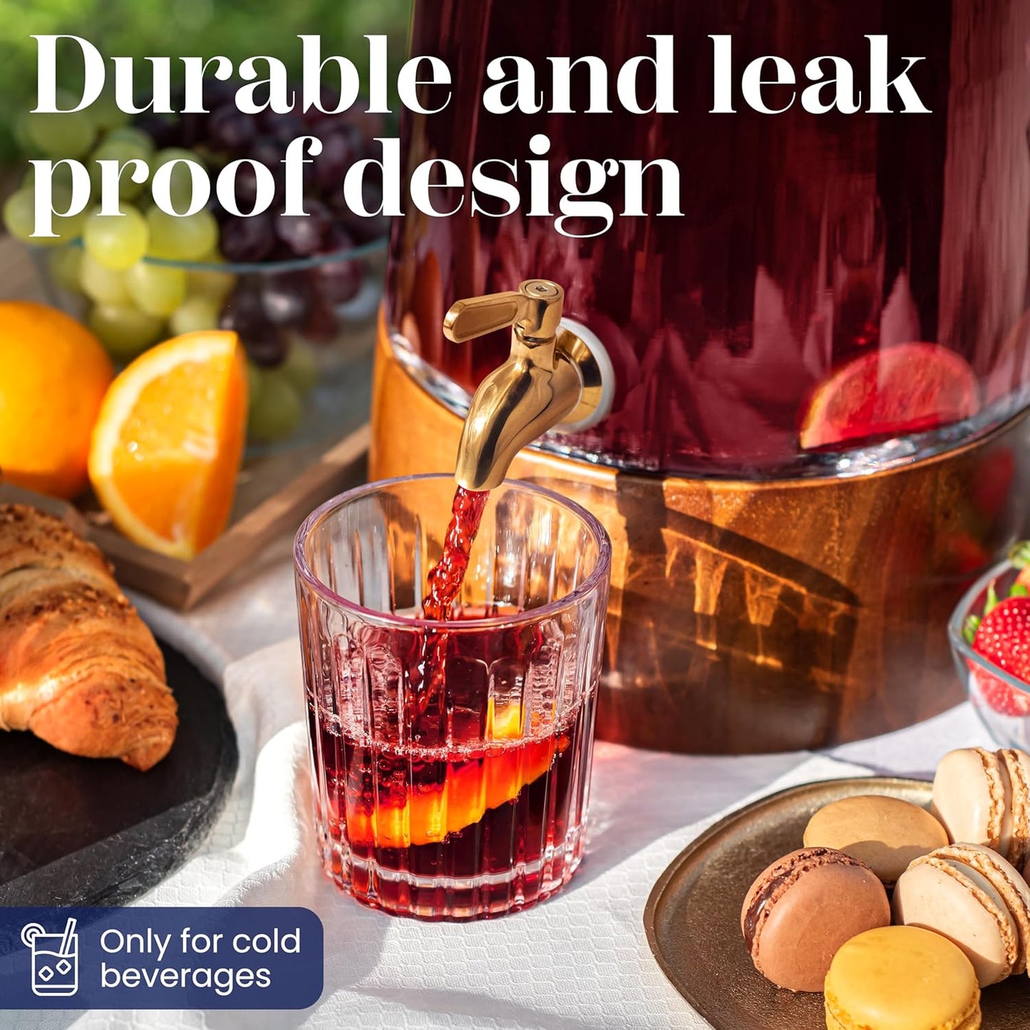 FOODLE Large Glass Drink Dispenser with Spigot - Glass Beverage Dispenser with Stand - Perfect for Parties & Weddings - Pitcher for Lemonade, Water, Sangria, Punch & Juice - Leakproof - 1.72 Gallon