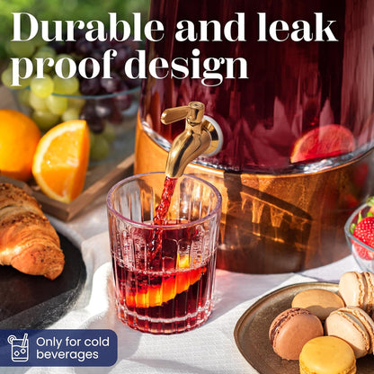 FOODLE Large Glass Drink Dispenser with Spigot - Glass Beverage Dispenser with Stand - Perfect for Parties & Weddings - Pitcher for Lemonade, Water, Sangria, Punch & Juice - Leakproof - 1.72 Gallon