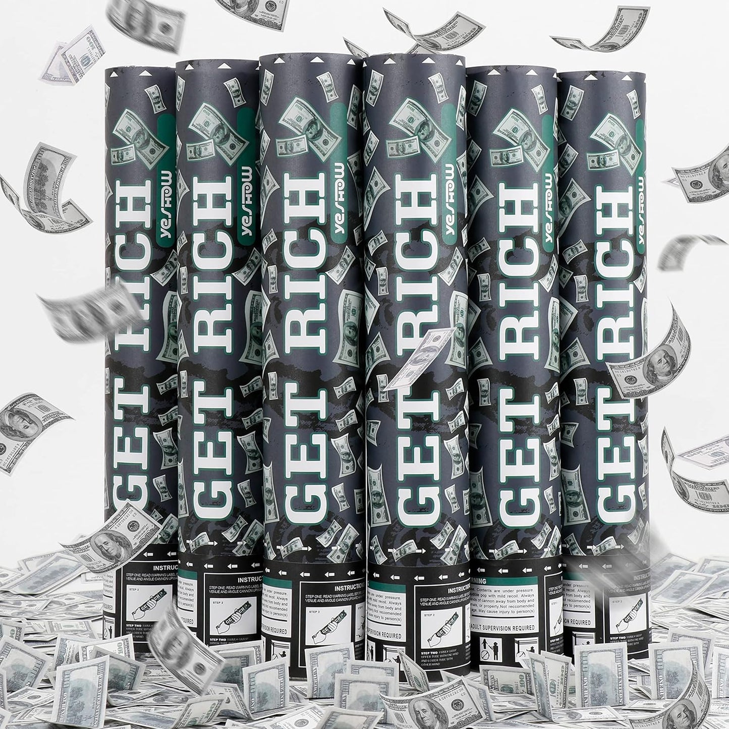 Money Confetti Gun, Biodegradable Confetti Cannon Party Poppers (6 Pack) – YESHOW Cash Cannon & Prop Money Blaster for Birthday, Graduation, New Year’s Eve, Christmas Party Supplies - 12 inch
