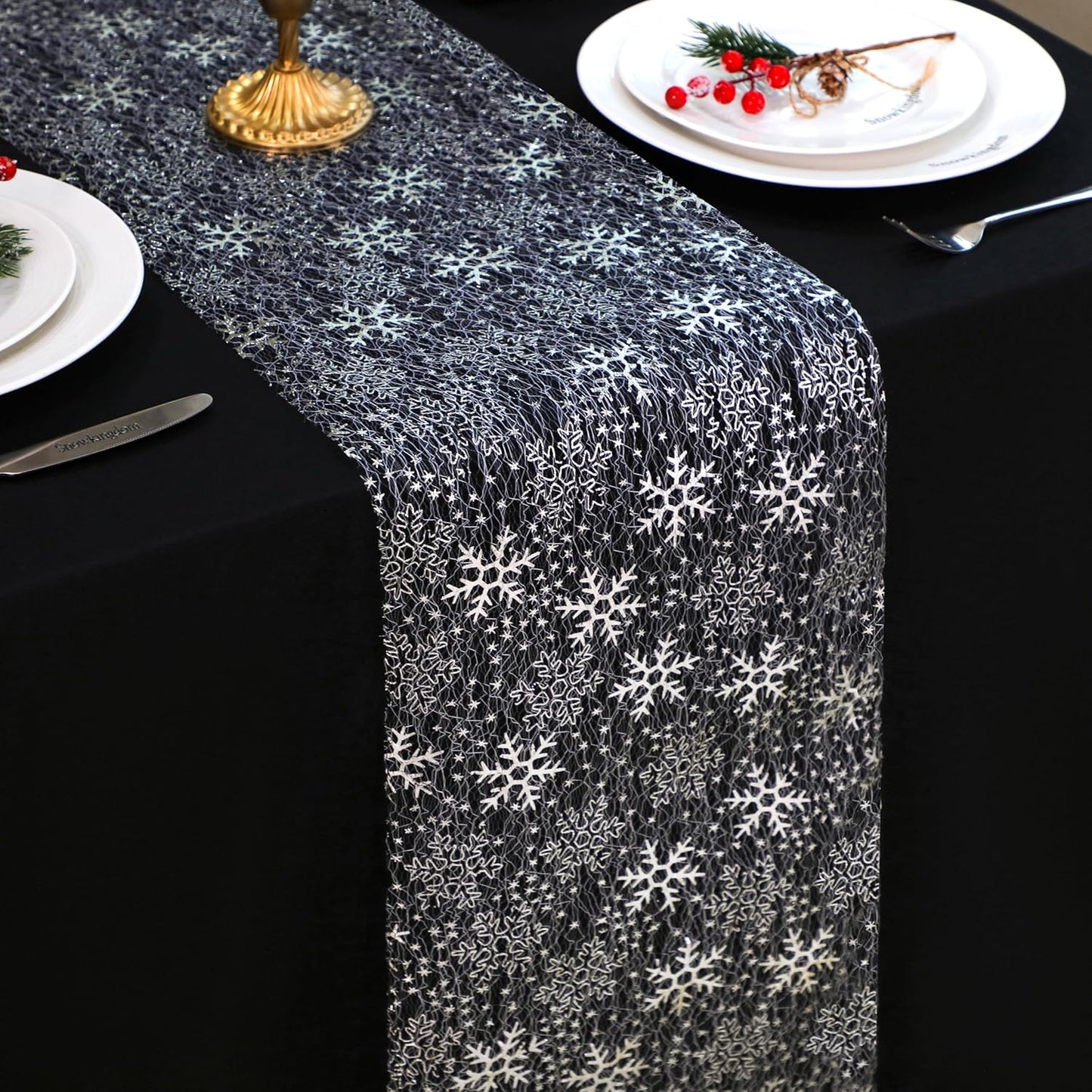 Snowkingdom 2 Pieces Gold Table Runner, Sequin Glitter Foil Metallic Thin Mesh Runner Roll 11"x108", Gold Table Decorations for Event Party, Wedding, Birthday Party, Christmas