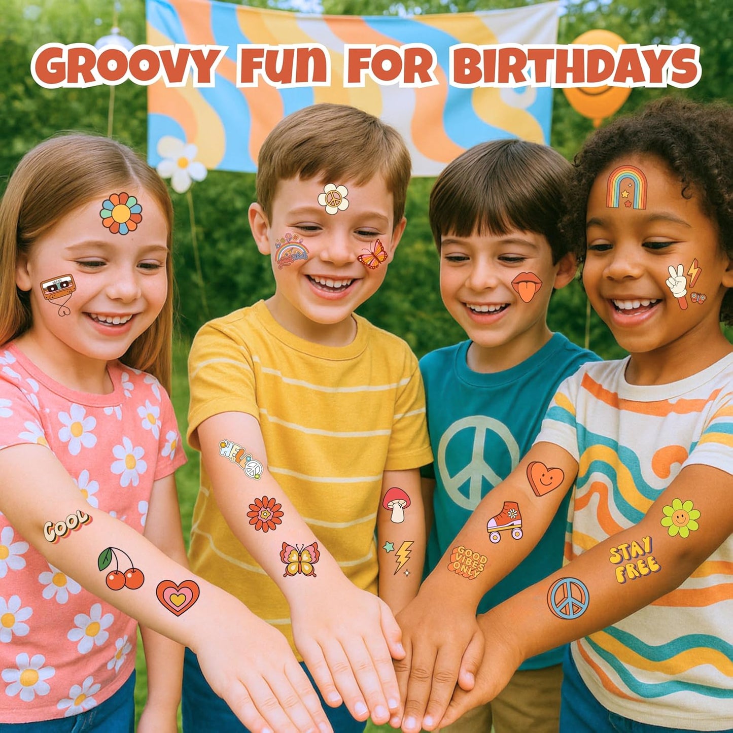 60PCS Groovy Temporary Tattoos for Kids | Pre-Cut Cute Retro Hippie Fake Tattoos, Birthday Party Favors, Classroom Rewards, Party Supplies for Boys & Girls