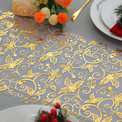 Snowkingdom 2 Pieces Gold Table Runner, Sequin Glitter Foil Metallic Thin Mesh Runner Roll 11"x108", Gold Table Decorations for Event Party, Wedding, Birthday Party, Christmas