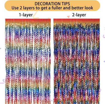 3 Pack Colorful Foil Fringe Curtain Backdrop - 6.6 x 3.3 ft Wavy Rainbow Tinsel Backdrop Curtain Metallic Streamers Iridescent Holiday Photo Booth Party Decorations