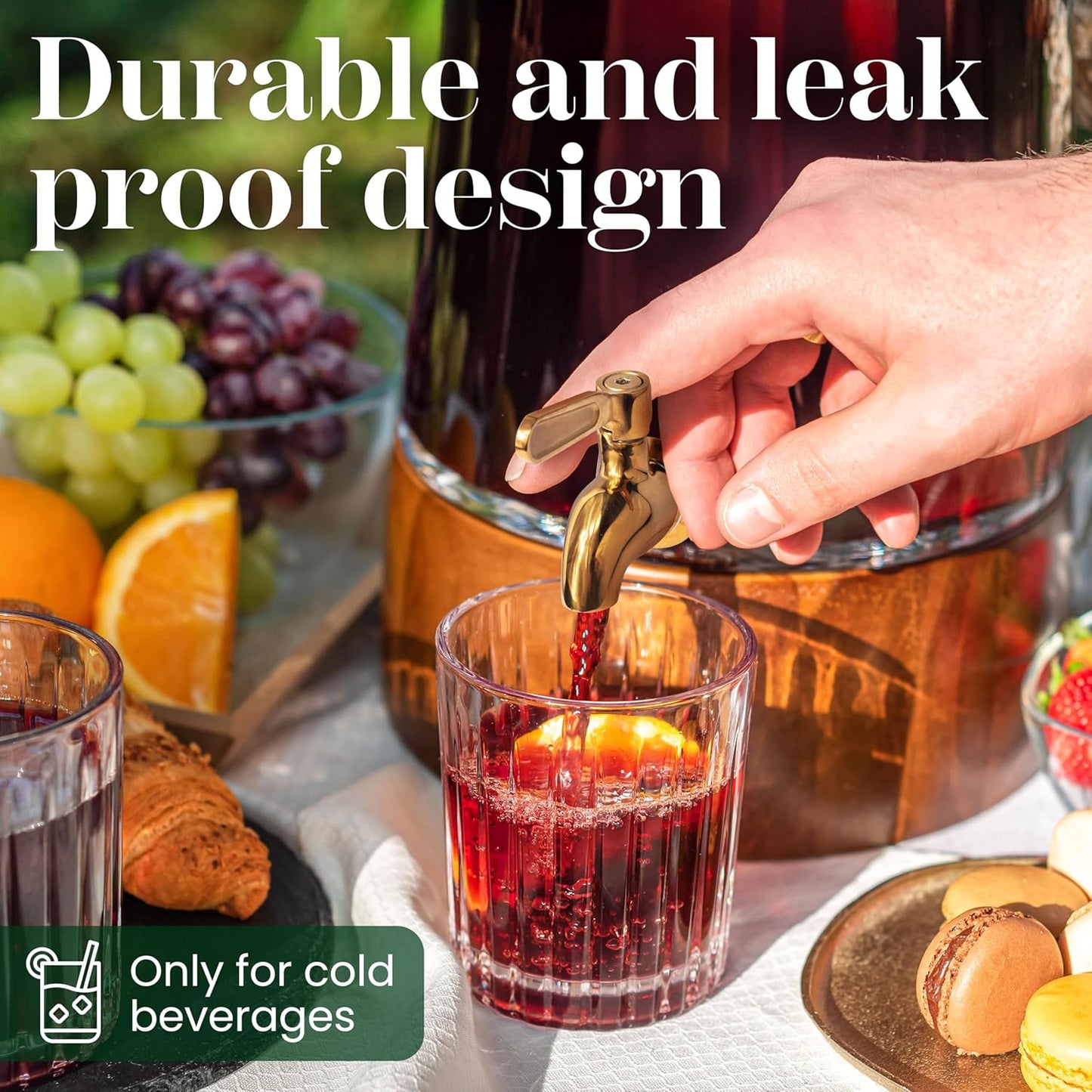 FOODLE Large Glass Drink Dispenser with Spigot - Glass Beverage Dispenser with Stand - Perfect for Parties & Weddings - Pitcher for Lemonade, Water, Sangria, Punch & Juice - Leakproof - 1.72 Gallon