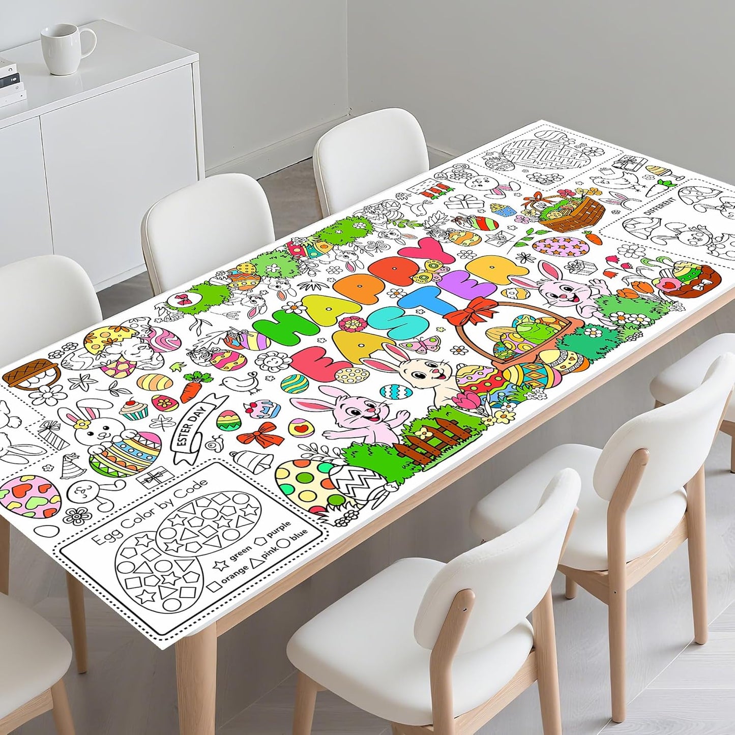 Easter Coloring Poster for Kids 30x72 Inch Bunny Giant Coloring Tablecloth Happy Easter Crafts Paper Table Cover for Gifts Activities Games Classroom Wall School Home Parties