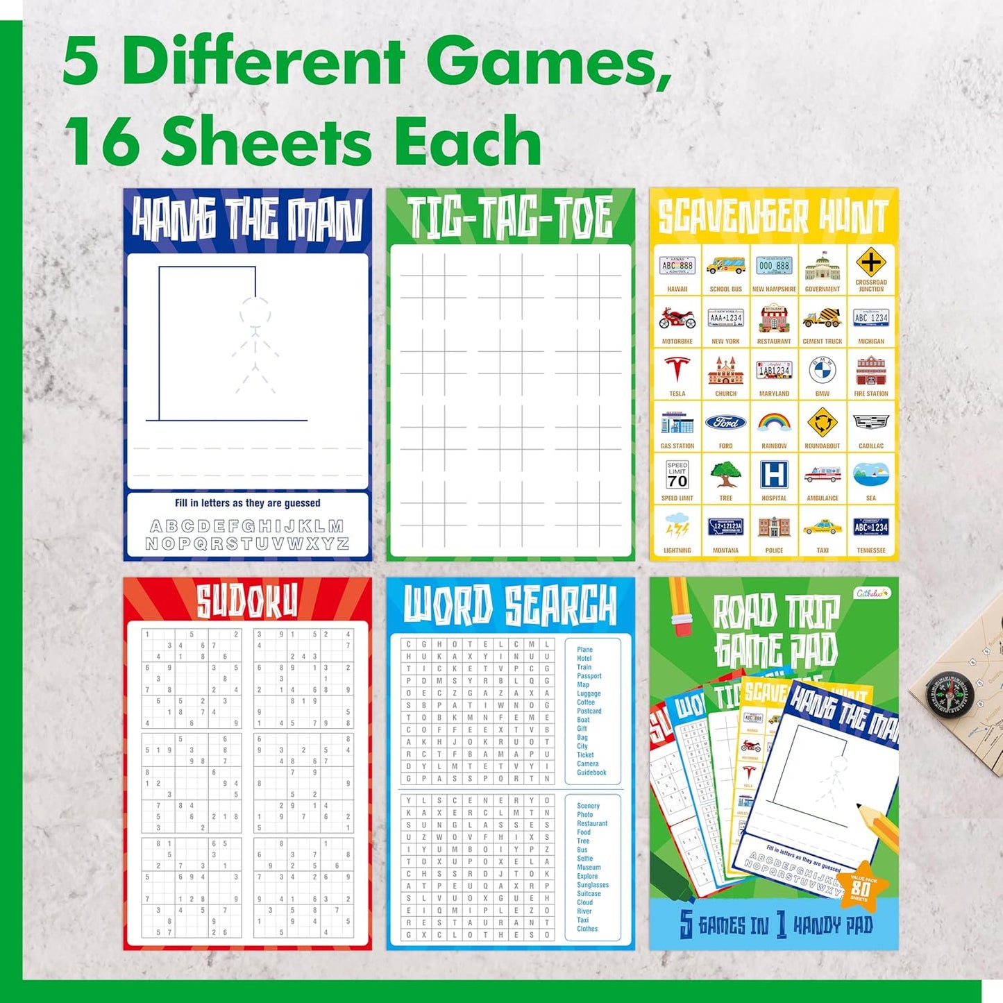 Road Trip Game Pad, 5 Games in 1 (Farm Animals, Car Colors, Buildings, Traffic Signs, Vehicles Scavenger Hunt Bingo), Pen Pencil Paper Game, Plane Trip/ Car Travel/Getaway Activity Pad for Kid, Adult