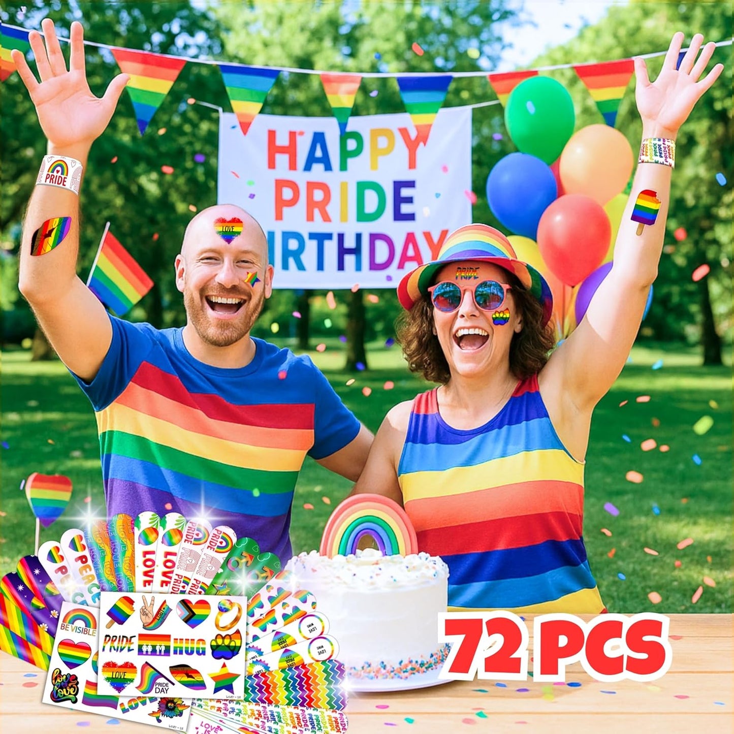 48PCS Pride Party Set - 24PCS Rainbow Temporary Tattoos & 24PCS Slap Bracelets-LGBTQ+Celebration Supplies, Birthday Gifts, Baby Shower Favors, Classroom Rewards,Party Decor for Kids (Boys & Girls)
