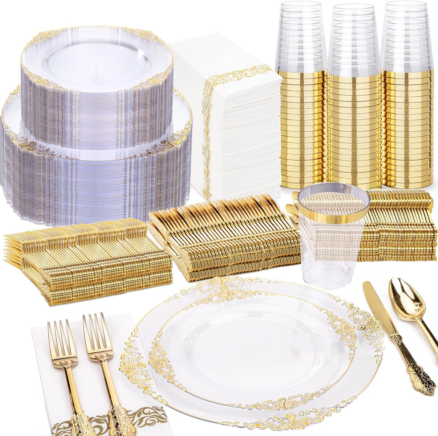 Nervure 350PCS Gold Plastic Plates - Gold Plastic Dinnerware Sets for 50 Guests - 100 Disposable Plates, 150 Silverware, 50 Cups, 50 Napkins for Wedding & Party & Mothers Day