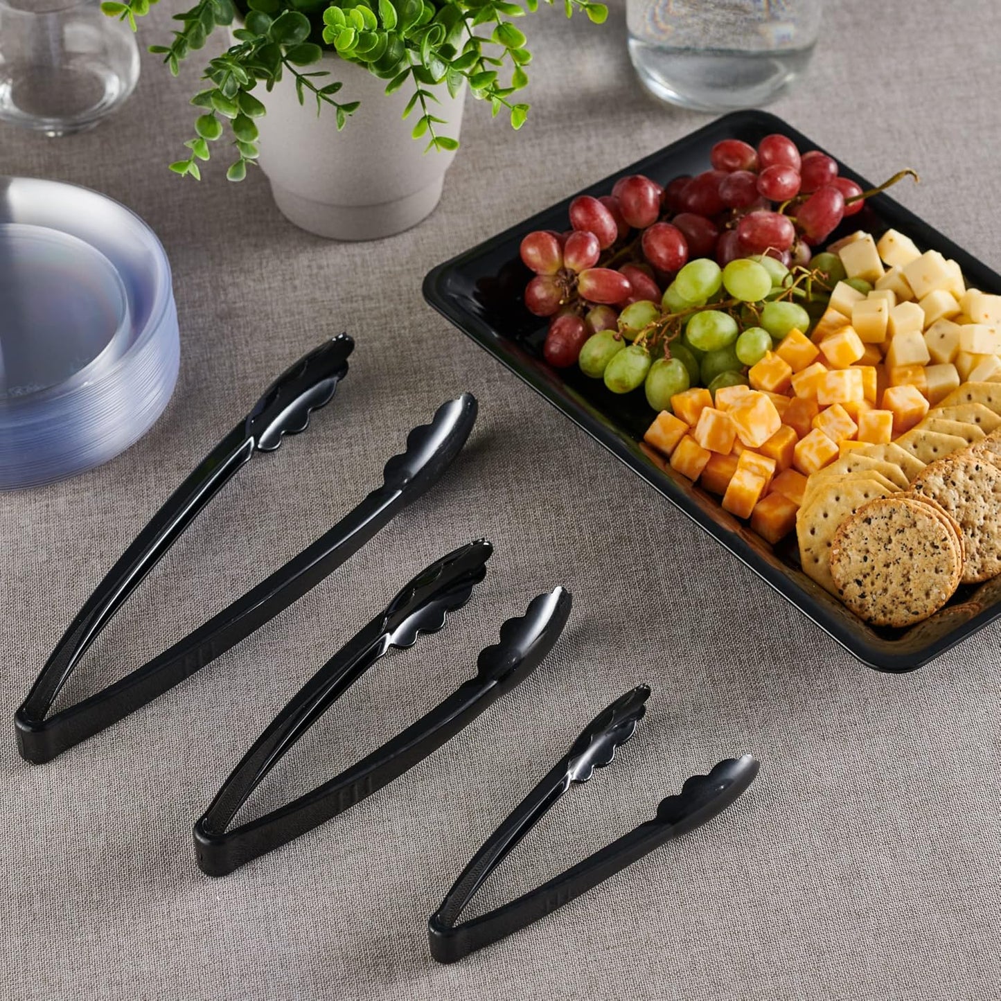 [Black Tongs 7.5'' Inches] Plasticpro 7.5'' Serving Tongs Heavy Duty Reusable Kitchen and BBQ Black Serving Tong for party's, Caterings, Events, Buffet, Weddings, And every Day use Pack of 12