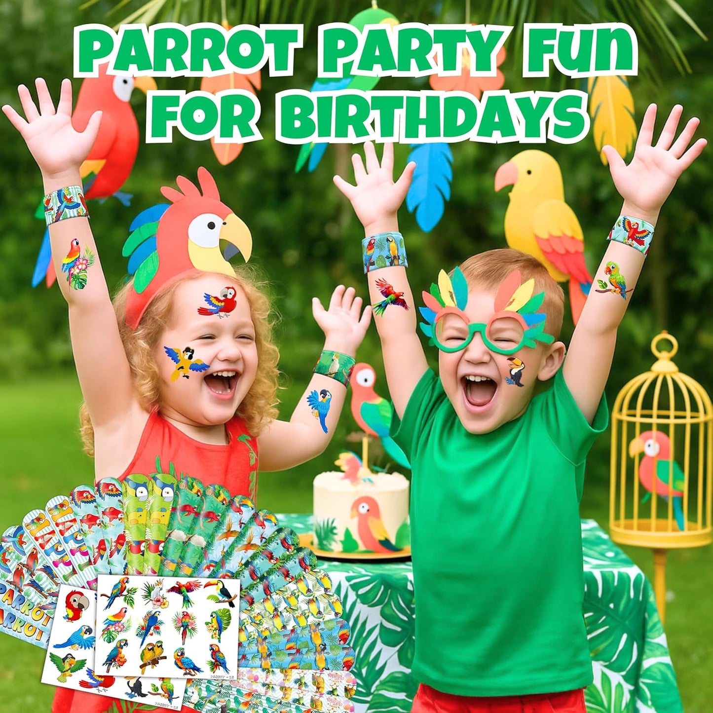 Cherisnowy 48PCS Parrot Party Set - 24PCS Temporary Tattoos & 24PCS Slap Bracelets - Tropical Birthday Supplies, Baby Shower Gifts, Classroom Rewards & Party Decor for Kids (Boys & Girls)