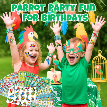 Cherisnowy 48PCS Parrot Party Set - 24PCS Temporary Tattoos & 24PCS Slap Bracelets - Tropical Birthday Supplies, Baby Shower Gifts, Classroom Rewards & Party Decor for Kids (Boys & Girls)