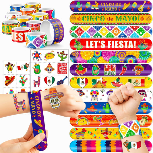 Cherisnowy 72PCS Cinco de Mayo Party Favor Set - 48PCS Temporary Pre-cut Tattoos & 24PCS Slap Bracelets - Mexican Fiesta Birthday Supplies, Baby Shower Gifts, Classroom Rewards & Party Decor for Kids