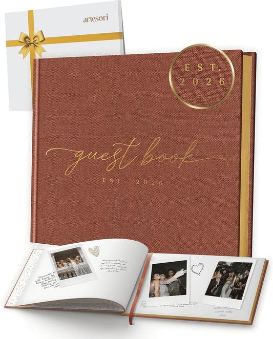 ARTESORI Wedding Guest Book for Reception — Gold-Foiled Guestbook to Sign in, Elegant Baby Shower Guest Book for Party & Birthday — Terracotta Photo & Polaroid Guest Book for Wedding & Bridal Shower