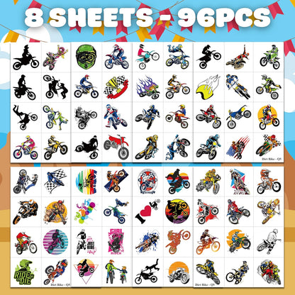 Dirt Bike Temporary Tattoos - 96 PCS (8 Sheets) Fake Tattoo Stickers for Boys & Girls | Motocross Themed Birthday Party Supplies, Favors, Decorations & Rewards