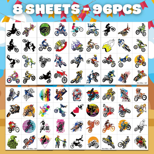 Dirt Bike Temporary Tattoos - 96 PCS (8 Sheets) Fake Tattoo Stickers for Boys & Girls | Motocross Themed Birthday Party Supplies, Favors, Decorations & Rewards