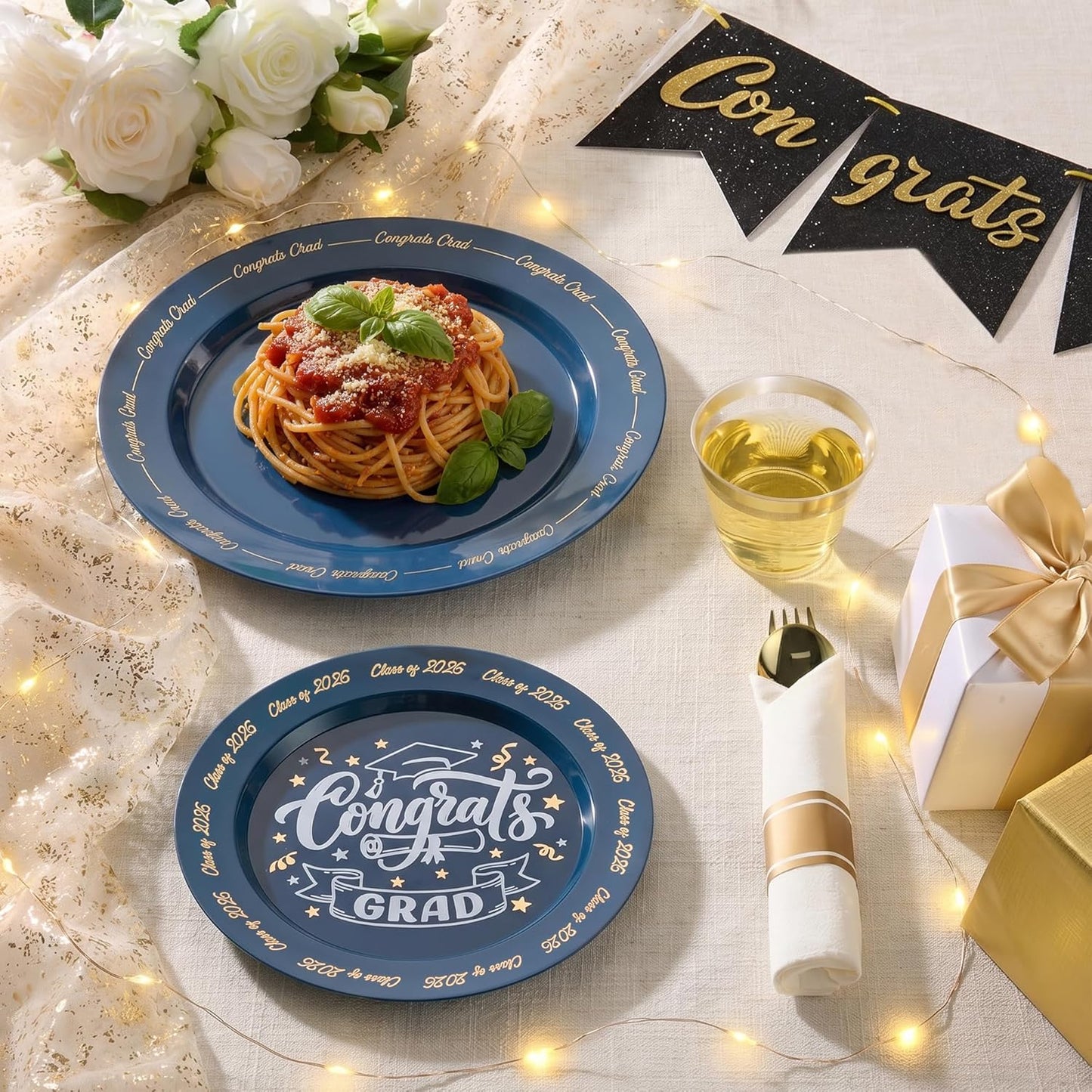 Goodluck 350 Piece Silver Plastic Dinnerware Set for 50 Guests, Fancy Disposable Plates for Party, Include: 50 Dinner Plates, 50 Dessert Plates, 50 Pre Rolled Napkins with Silver Silverware, 50 Cups