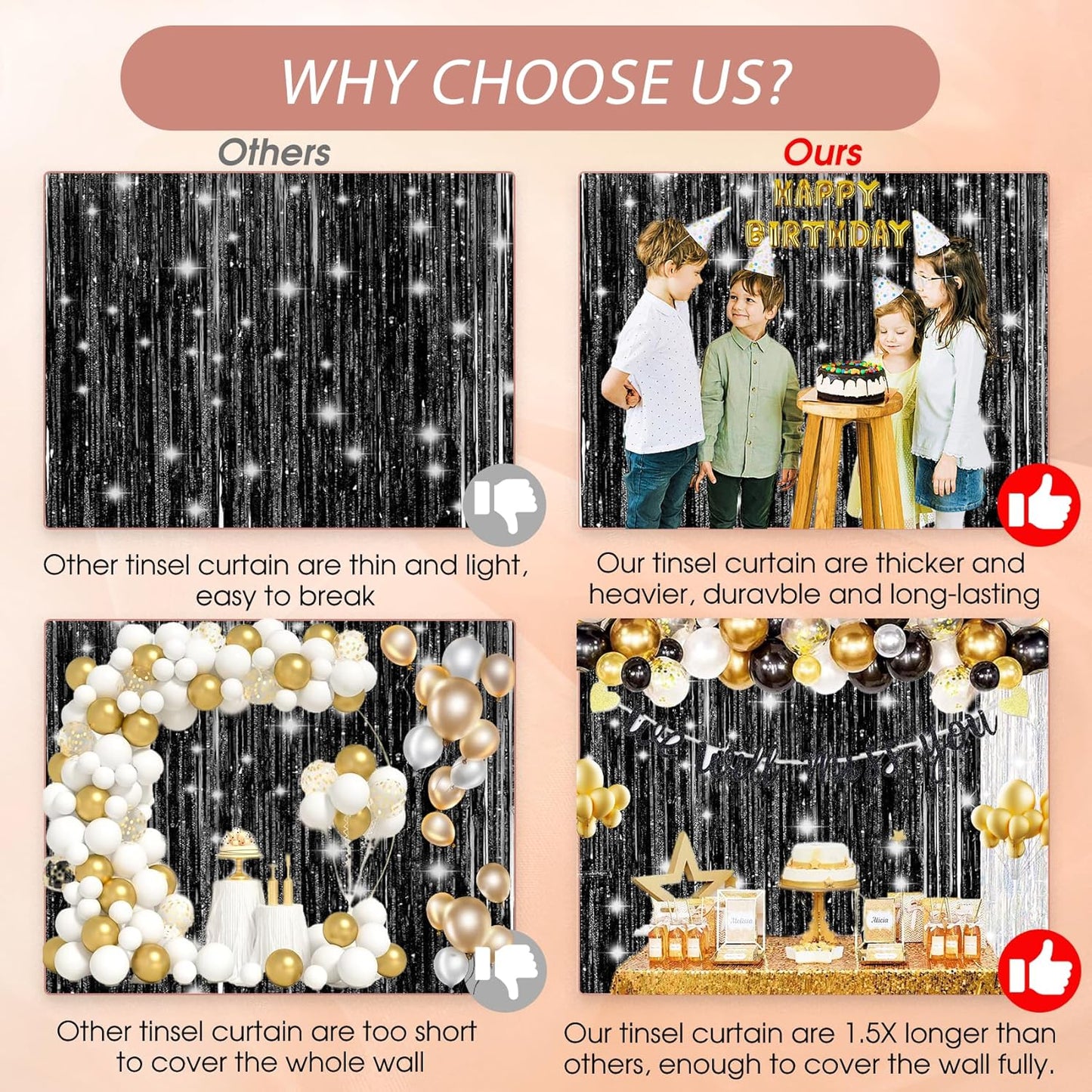 Birthday Party Decorations: 3 Pack 3.3 x 9.9 ft Gold Foil Fringe Curtains Party Supplies, Tinsel Curtain Backdrop for Parties/Birthday/Photo Booth