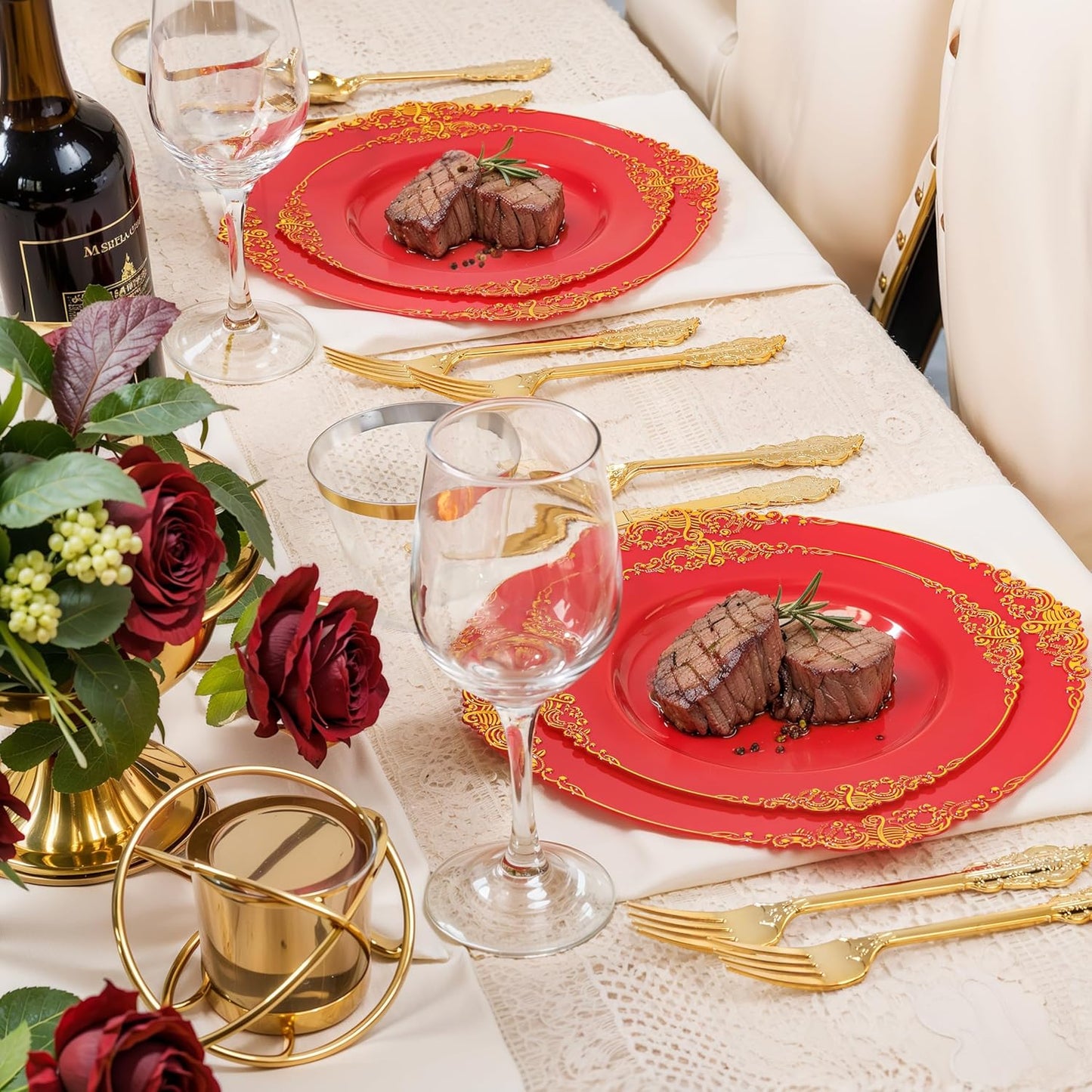 Nervure 350PCS Gold Plastic Plates - Gold Plastic Dinnerware Sets for 50 Guests - 100 Disposable Plates, 150 Silverware, 50 Cups, 50 Napkins for Wedding & Party & Mothers Day