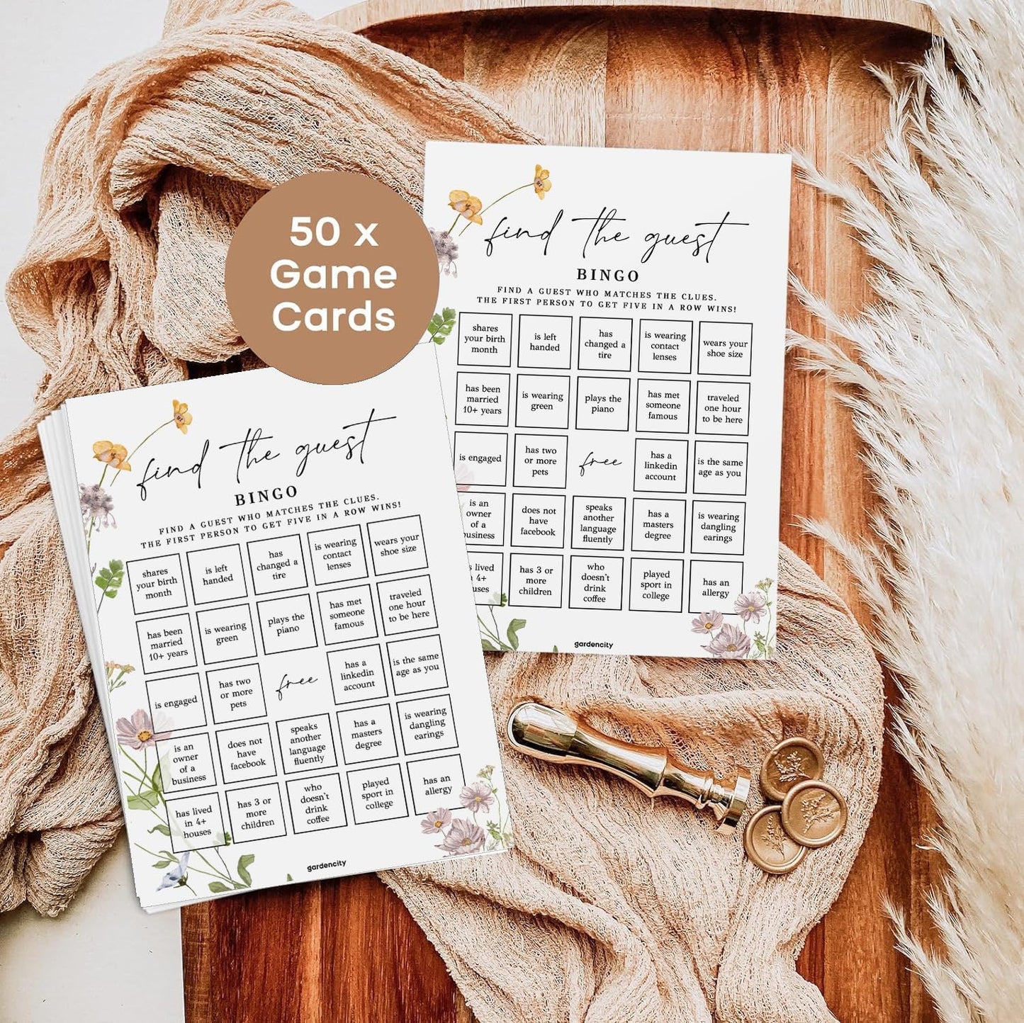 GardenCity Find The Guest Bingo Game Cards, Bridal Shower Games, Baby Shower Bingo, Wedding Game, 50 Cards - Wildflower