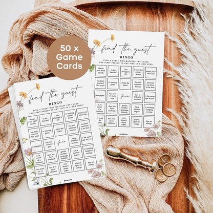GardenCity Find The Guest Bingo Game Cards, Bridal Shower Games, Baby Shower Bingo, Wedding Game, 50 Cards - Wildflower