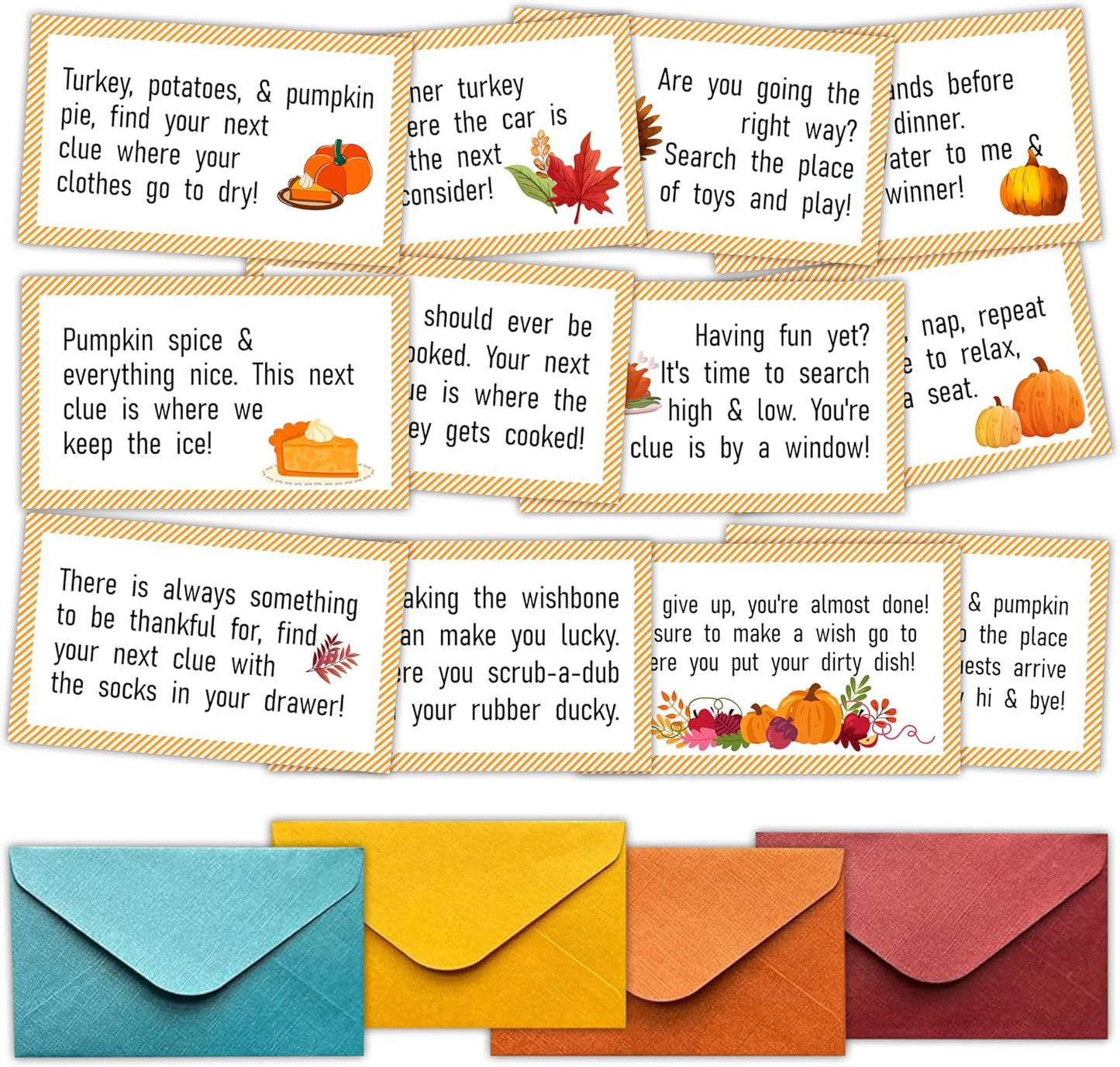 Thanksgiving Scavenger Hunt Clues Card, Outdoor Indoor Autumn Harvest Games, Thanksgiving Party Supplies Decoration, Set of 16 Cards with Colourful Envelopes -A01