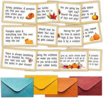 Thanksgiving Scavenger Hunt Clues Card, Outdoor Indoor Autumn Harvest Games, Thanksgiving Party Supplies Decoration, Set of 16 Cards with Colourful Envelopes -A01