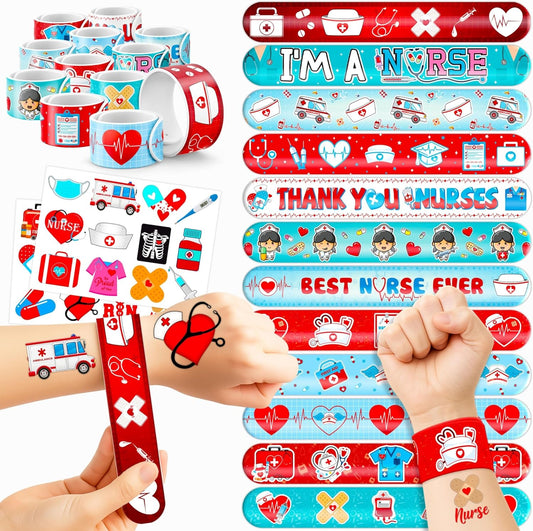 Cherisnowy 72PCS Nurse Party Set - 48PCS Nurse Tattoos & 24PCS Slap Bracelets - Fun Birthday Party Supplies, Baby Shower Gifts, Classroom Rewards & Nurse-Themed Decor for Kids (Boys & Girls)