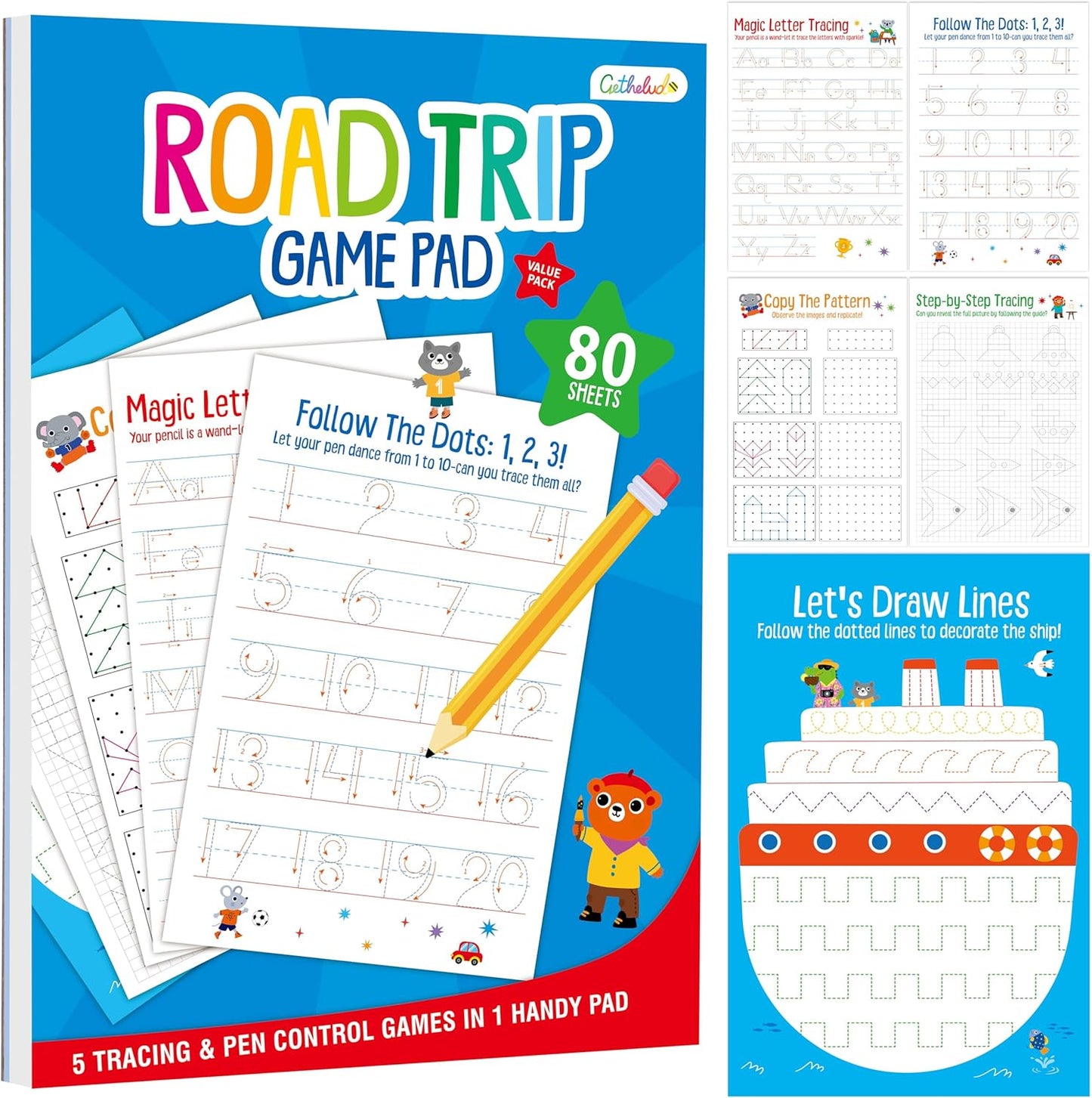 Road Trip Game Pad, 5 Games in 1 (Farm Animals, Car Colors, Buildings, Traffic Signs, Vehicles Scavenger Hunt Bingo), Pen Pencil Paper Game, Plane Trip/ Car Travel/Getaway Activity Pad for Kid, Adult