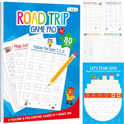 Road Trip Game Pad, 5 Games in 1 (Farm Animals, Car Colors, Buildings, Traffic Signs, Vehicles Scavenger Hunt Bingo), Pen Pencil Paper Game, Plane Trip/ Car Travel/Getaway Activity Pad for Kid, Adult